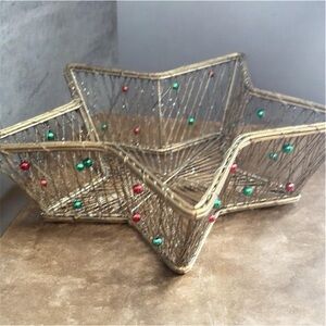 Vintage MCM Gold Wire Star Christmas Candy Dish Baskets |Red Green Beads Set x2